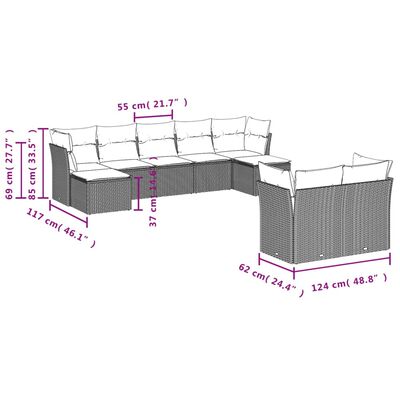 vidaXL 9-dijelni set vrtnih sofa s jastucima bež od poliratana