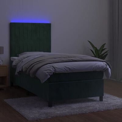 vidaXL Krevet box spring s madracem LED tamnozeleni 90x190 cm baršun