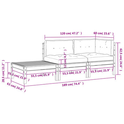 vidaXL Vrtna sofa s jastucima i tabureom od masivne borovine