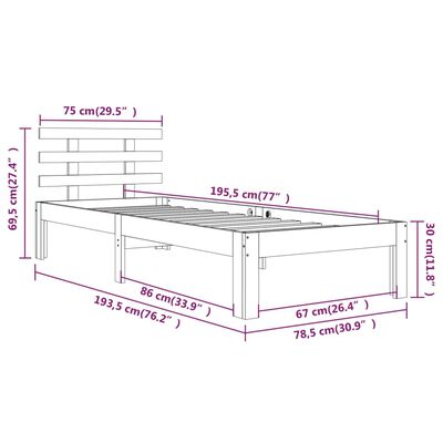 vidaXL Okvir za krevet bijeli drveni 75 x 190 cm 2FT6 jednokrevetni