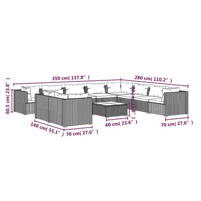 vidaXL 11-dijelna vrtna garnitura od poliratana s jastucima crna