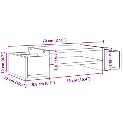 vidaXL Stalak za monitor s pohranom boja hrasta 70 x 27 x 15 cm drveni