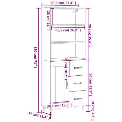 vidaXL Visoka komoda boja hrasta 69,5x34x180 cm od konstruiranog drva