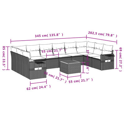 vidaXL 11-dijelni set vrtnih sofa s jastucima bež od poliratana