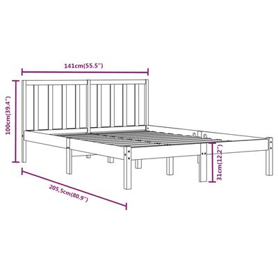 vidaXL Okvir za krevet od masivne borovine crni 135x190 cm 4FT6 bračni