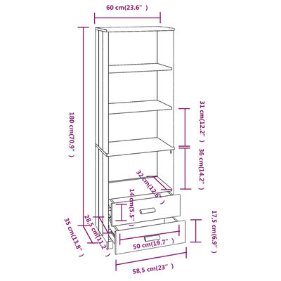 vidaXL Visoka komoda HAMAR tamnosiva 60 x 35 x 180 cm masivna borovina