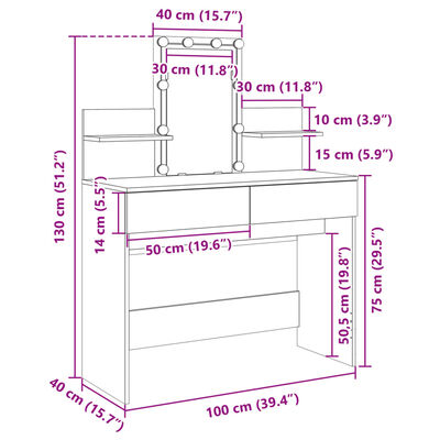 vidaXL Toaletni stolić LED boja dimljenog hrasta 100 x 40 x 130 cm