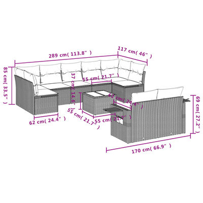 vidaXL 10-dijelni set vrtnih sofa s jastucima crni od poliratana