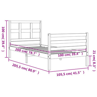 vidaXL Okvir za krevet s uzglavljem crni 100x200 cm od masivnog drva