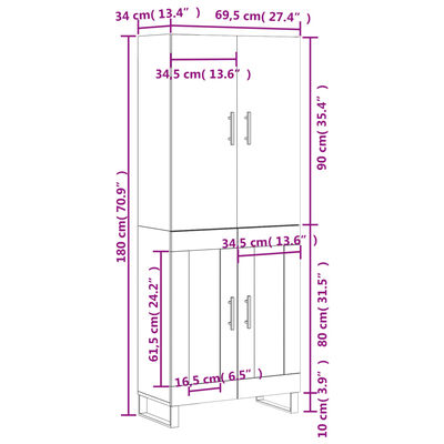 vidaXL Visoka komoda bijela 69,5x34x180 cm konstruirano drvo