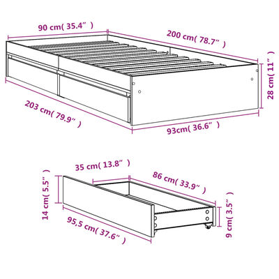 vidaXL Okvir kreveta s ladicama boja hrasta 90x200 cm drveni