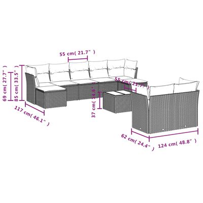 vidaXL 10-dijelni set vrtnih sofa od poliratana s jastucima sivi