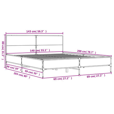 vidaXL Okvir kreveta boja hrasta 140x200cm konstruirano drvo i metal