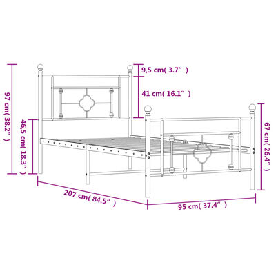 vidaXL Metalni okvir kreveta uzglavlje i podnožje crni 90 x 200 cm