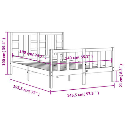 vidaXL Okvir kreveta s uzglavljem bijeli 140 x 190 cm od masivnog drva