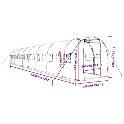 vidaXL Staklenik s čeličnim okvirom zeleni 32 m² 16 x 2 x 2 m