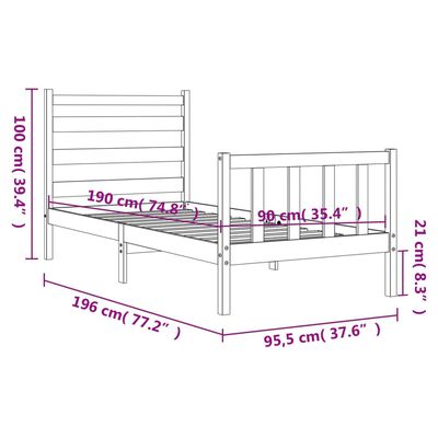 vidaXL Okvir kreveta s uzglavljem bijeli 90 x 190 cm od masivnog drva