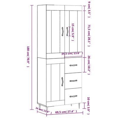 vidaXL Visoka komoda siva betona 69,5x34x180 cm od konstruiranog drva