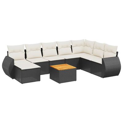 vidaXL 9-dijelni set vrtnih sofa s jastucima crni od poliratana