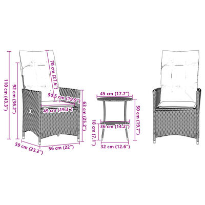 vidaXL 3-dijelni bistro set s jastucima crni od poliratana