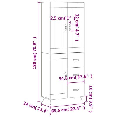 vidaXL Visoka komoda sjajna bijela 69,5x34x180 cm konstruirano drvo