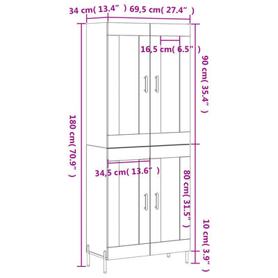 vidaXL Visoka komoda siva betona 69,5x34x180 cm od konstruiranog drva