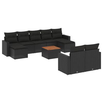 vidaXL 10-dijelni set vrtnih sofa s jastucima crni od poliratana