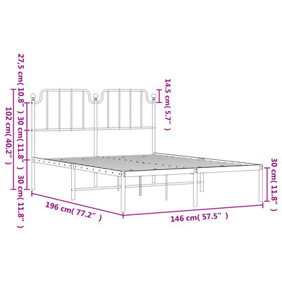 vidaXL Metalni okvir za krevet s uzglavljem bijeli 140 x 190 cm