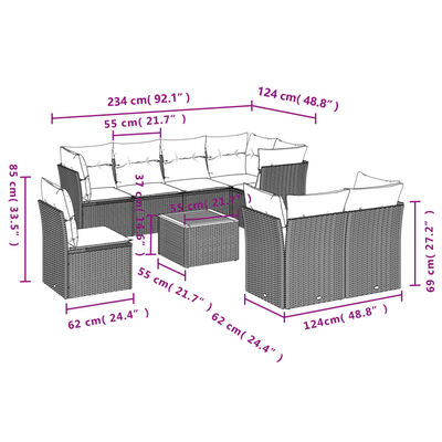 vidaXL 9-dijelni set vrtnih sofa s jastucima crni od poliratana