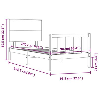 vidaXL Okvir kreveta s uzglavljem crni 3FT za jednu osobu masivno drvo