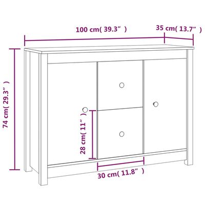 vidaXL Komoda bijela 100 x 35 x 74 cm od masivne borovine