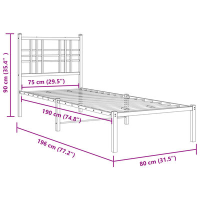 vidaXL Metalni okvir kreveta uzglavlje i podnožje crni 75x190 cm