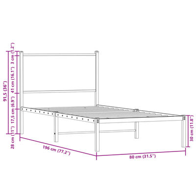 vidaXL Metalni okvir kreveta bez madraca boja hrasta 75x190 cm