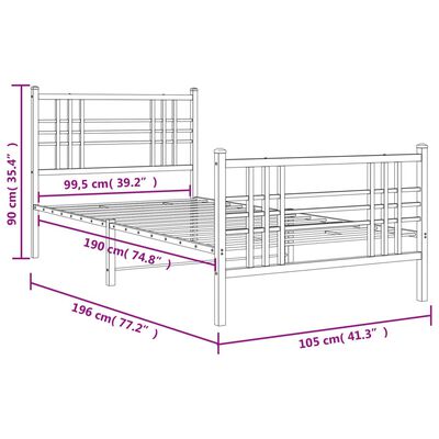 vidaXL Metalni okvir kreveta uzglavlje i podnožje bijeli 100x190 cm