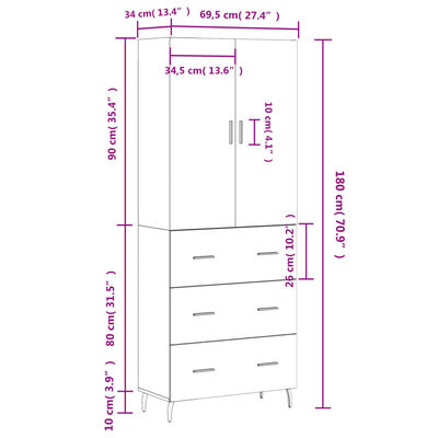 vidaXL Visoka komoda hrasta sonome 69,5x34x180cm od konstruiranog drva