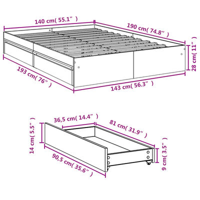 vidaXL Okvir kreveta s ladicama boja hrasta 140x190 cm