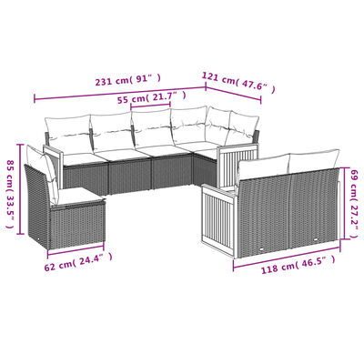 vidaXL 8-dijelni set vrtnih sofa od poliratana s jastucima crni