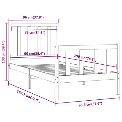 vidaXL Okvir za krevet crni od masivnog drva 90 x 190 cm mali