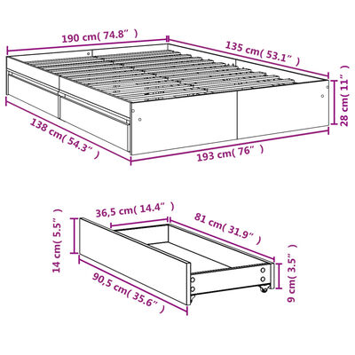 vidaXL Okvir za krevet s ladicama boja sivog hrasta 135x190 cm