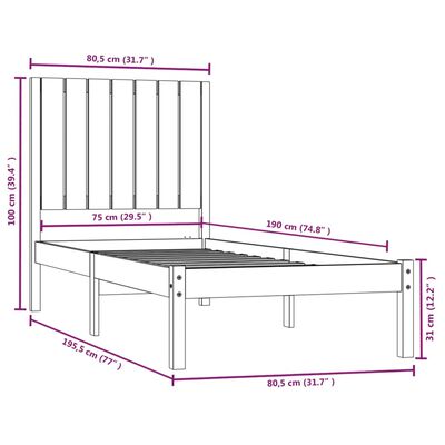 vidaXL Okvir za krevet od masivnog drva boja meda 75x190 cm 2FT6 mali