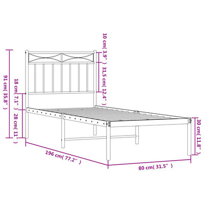 vidaXL Metalni okvir krevet bez madraca s uzglavljem bijeli 75x190 cm