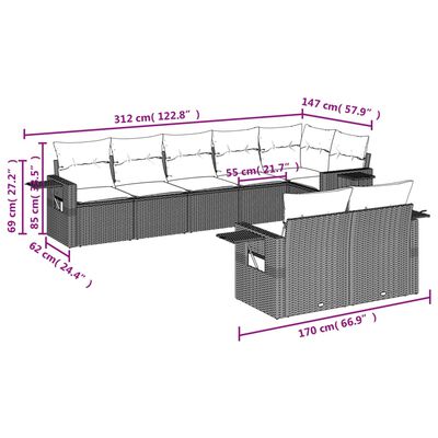 vidaXL 8-dijelni set vrtnih sofa od poliratana s jastucima crni