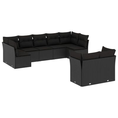 vidaXL 9-dijelni set vrtnih sofa s jastucima crni od poliratana