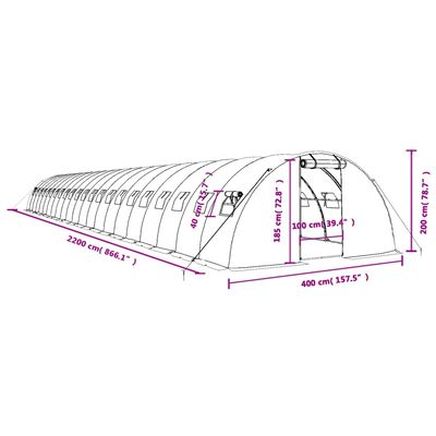 vidaXL Staklenik s čeličnim okvirom zeleni 88 m² 22 x 4 x 2 m