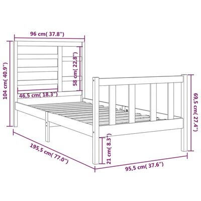 vidaXL Okvir za krevet od masivnog drva crni 90 x 190 cm 3FT mali