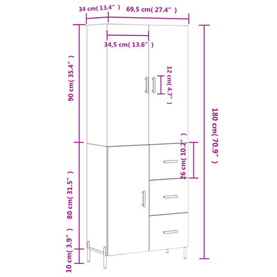 vidaXL Visoka komoda bijela 69,5x34x180 cm konstruirano drvo