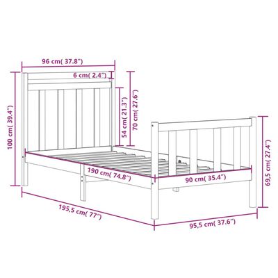 vidaXL Okvir za krevet od masivnog drva crni 90 x 190 cm 3FT mali