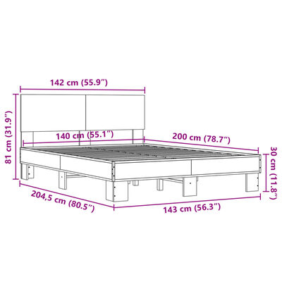 vidaXL Okvir kreveta smeđi hrast 140x200cm konstruirano drvo i metal