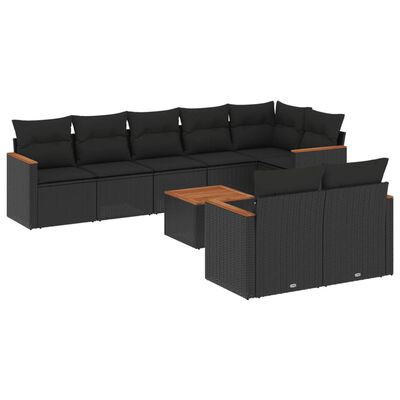 vidaXL 9-dijelni set vrtnih sofa s jastucima crni od poliratana