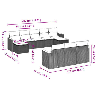 vidaXL 10-dijelni set vrtnih sofa s jastucima crni od poliratana